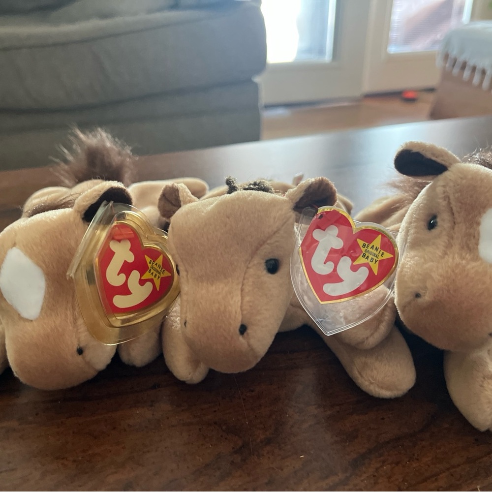 Set of 3 Ty Brown and White Horse Plush, 2 coarse mane, 1 fine mane.